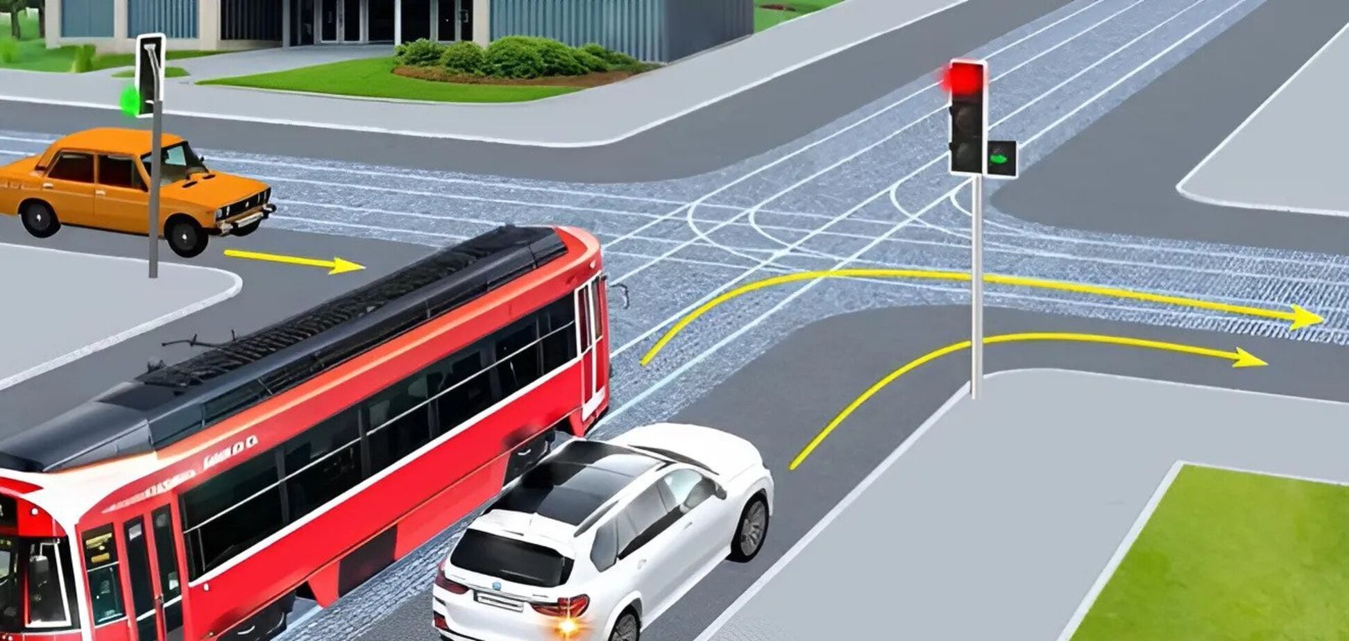 В каком порядке автомобили и трамвай проедут перекресток: тест по ПДД