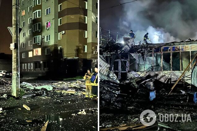 На Киевщине обломки вражеского дрона упали на минимаркет: произошел пожар, есть разрушения. Фото и видео