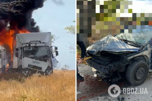 На Херсонщині окупанти вдарили дронами по цивільній автівці та вантажівках місії ООН: є поранені. Фото