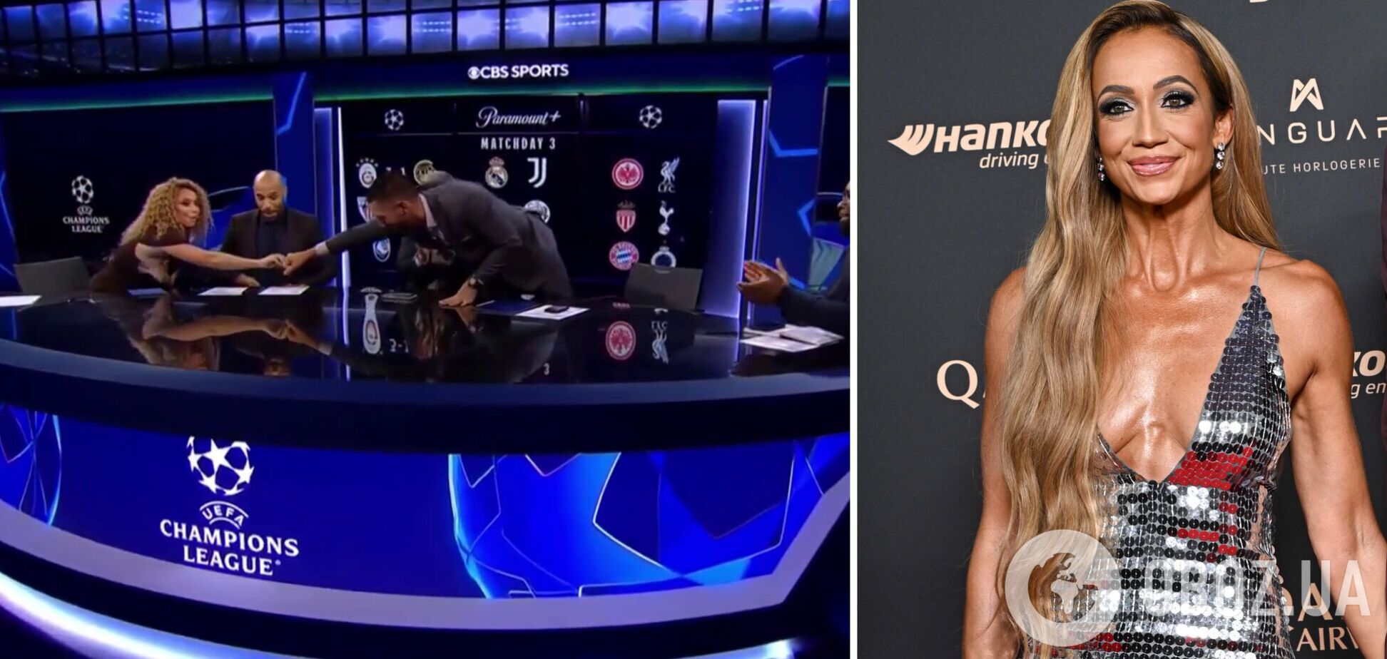 У ведучої Ліги чемпіонів у прямому ефірі порвалася сукня і 'випали груди'. Відео