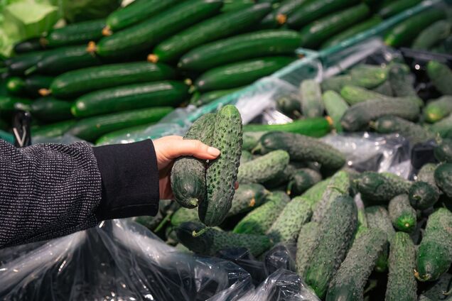 Женщина выбирает огурцы в супермаркете. Иллюстрация