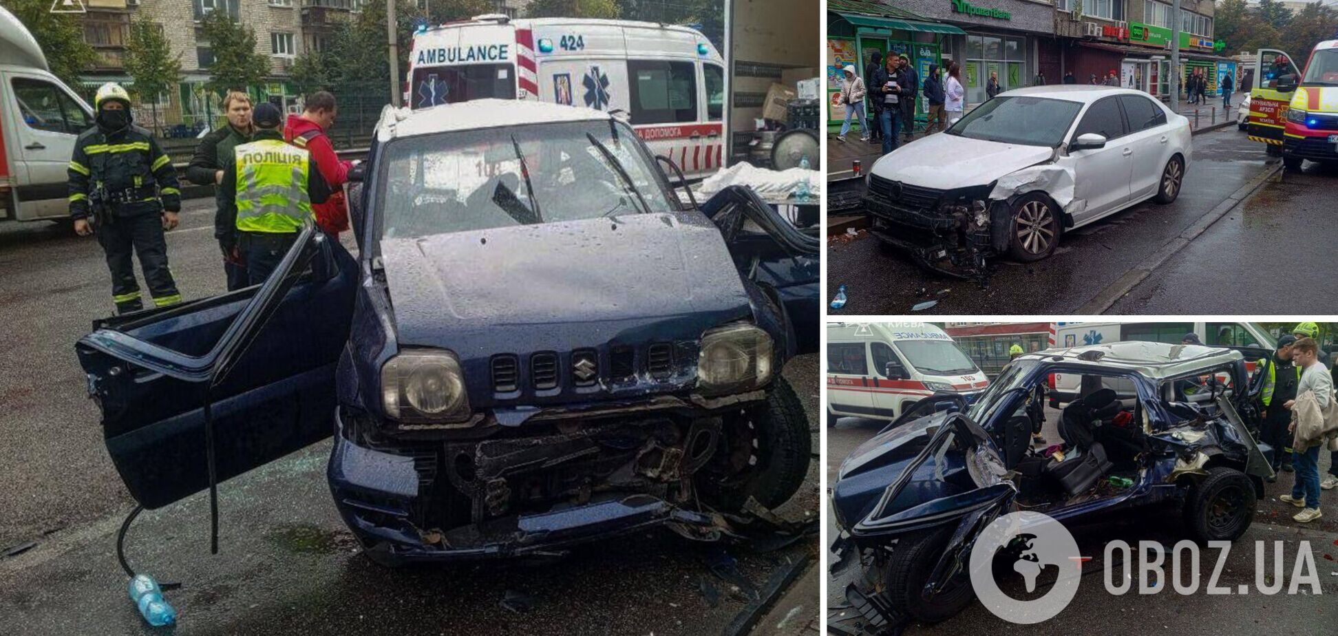 У Києві зіткнулись два легковики: рятувальники деблокували двох постраждалих з понівеченого авто. Фото