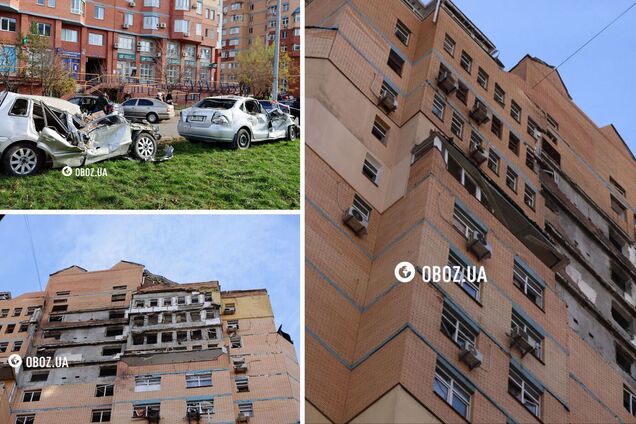 Поврежденный дом и смятые обломками автомобили: последствия атаки РФ в Святошинском районе Киева. Фото и видео