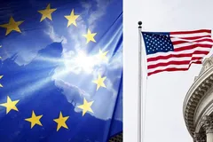 Прапор ЄС на тлі Києва і прапор США