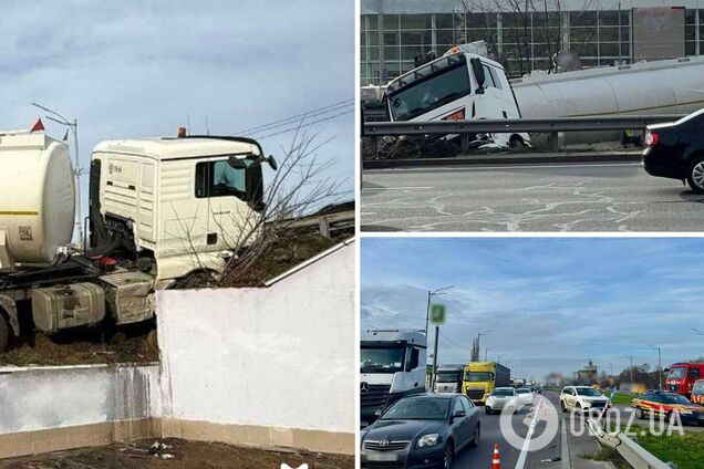 В Киеве бензовоз съехал с дороги и едва не влетел в подземный переход. Фото и видео