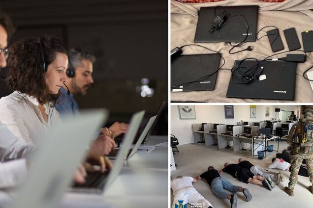 Иллюстрационное изображение колл-центра, фотография изъятого оборудования колл-центра, обыск СБУ в колл-центре