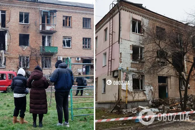 Діра у стіні будинку та вибиті вікна: наслідки влучання російського дрону в Києві. Фото та відео