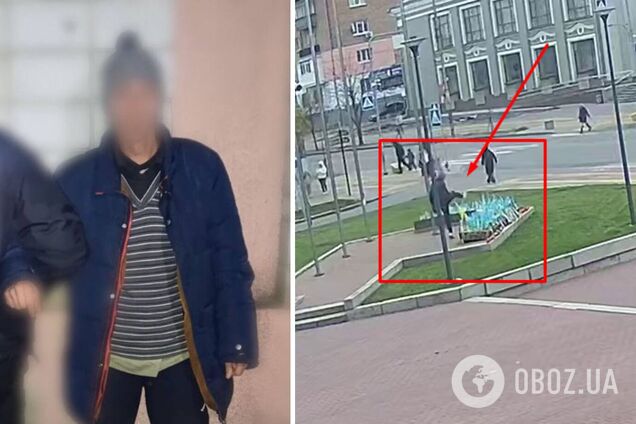 На Київщині чоловік ногами збив прапорці з іменами Героїв у центрі міста. Відео