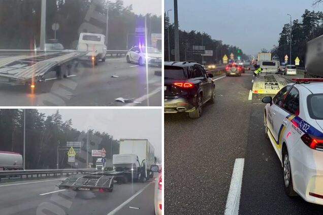 В Киеве на оживленном шоссе произошло ДТП с участием трех грузовиков: возникла пробка. Подробности, фото и видео