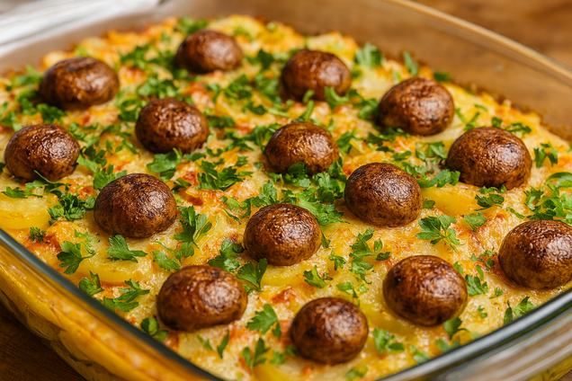 Смачна запечена картопля по-новому: додайте куряче філе та цілі гриби