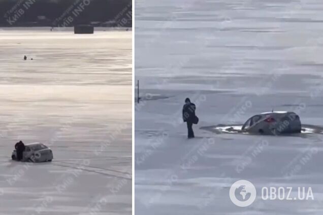 У Києві чоловік заїхав на лід і втопив свою автівку у Дніпрі. Відео