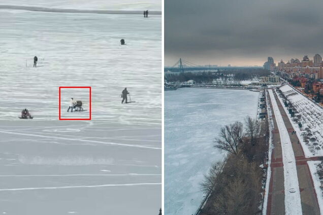 'Мама року': у Києві на Оболоні помітили жінку, яка вийшла із візочком на кригу. Відео