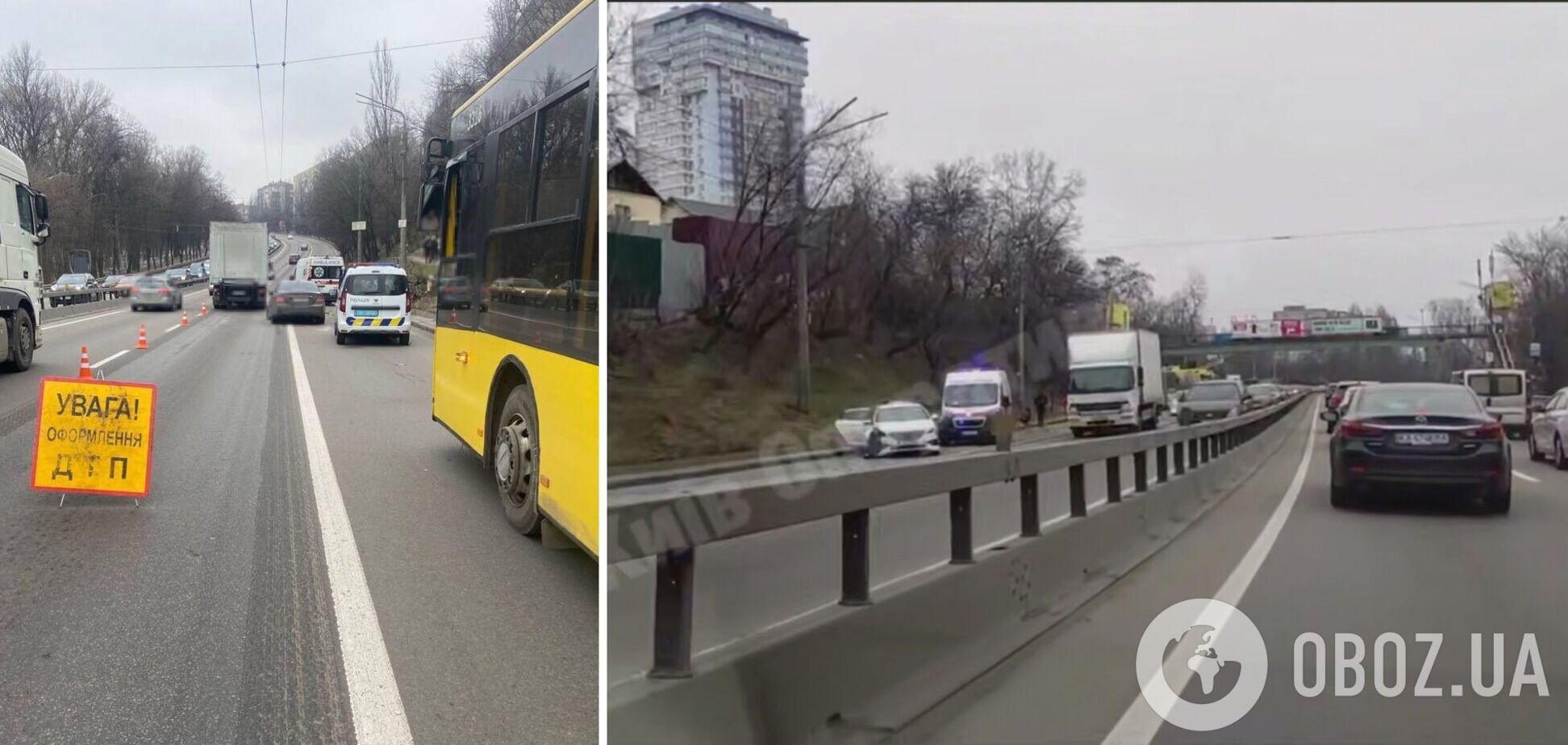 В Киеве произошло тройное ДТП с участием грузовика: возникла пробка, на месте работали врачи. Фото и видео
