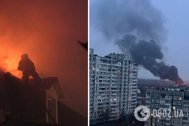 У Києві стались одночасно дві пожежі: горіли будинок на Троєщині й церква Видубицького монастиря. Фото