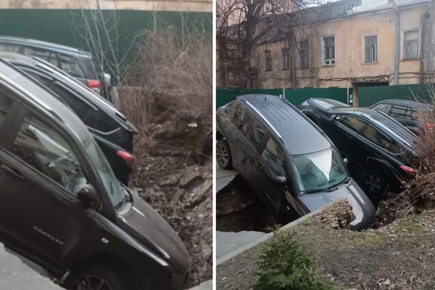 В центре Киева на Печерске под асфальт провалилось три автомобиля. Подробности и фото