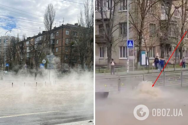 В Киеве бульвар Михновского залило кипятком из-за прорыва теплотрассы: два года назад здесь уже была авария. Видео