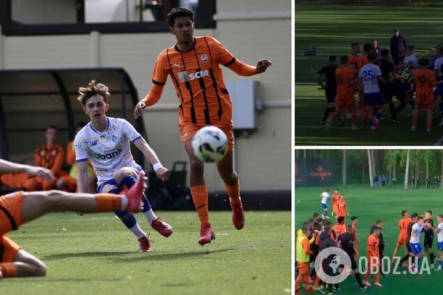 Игроки 'Шахтера' и 'Динамо' устроили массовую драку на поле во время матча чемпионата Украины по футболу U19. Видео