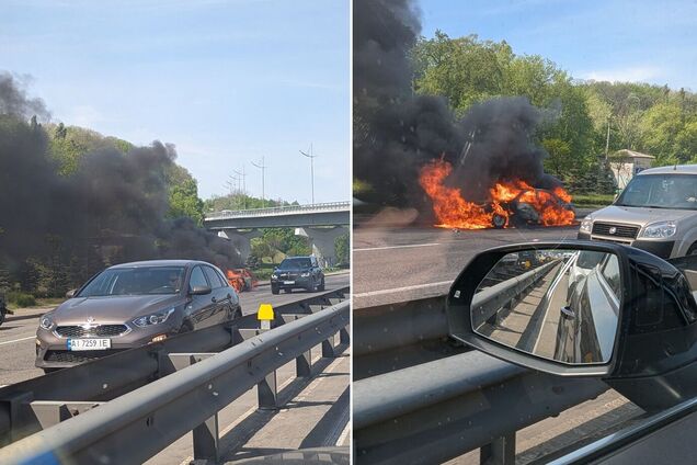 В Киеве полностью сгорела легковушка рядом с мостом Метро. Все подробности и фото