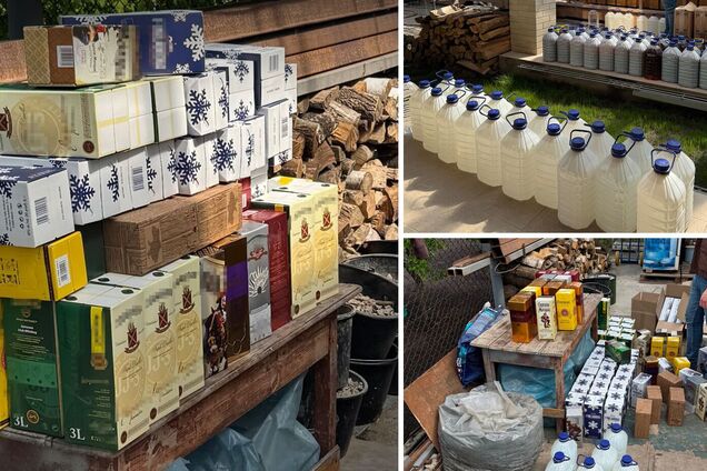 Коробки та пляшки з алкофальсифікатом, вилучені БЕБ на Київщині - коллаж
