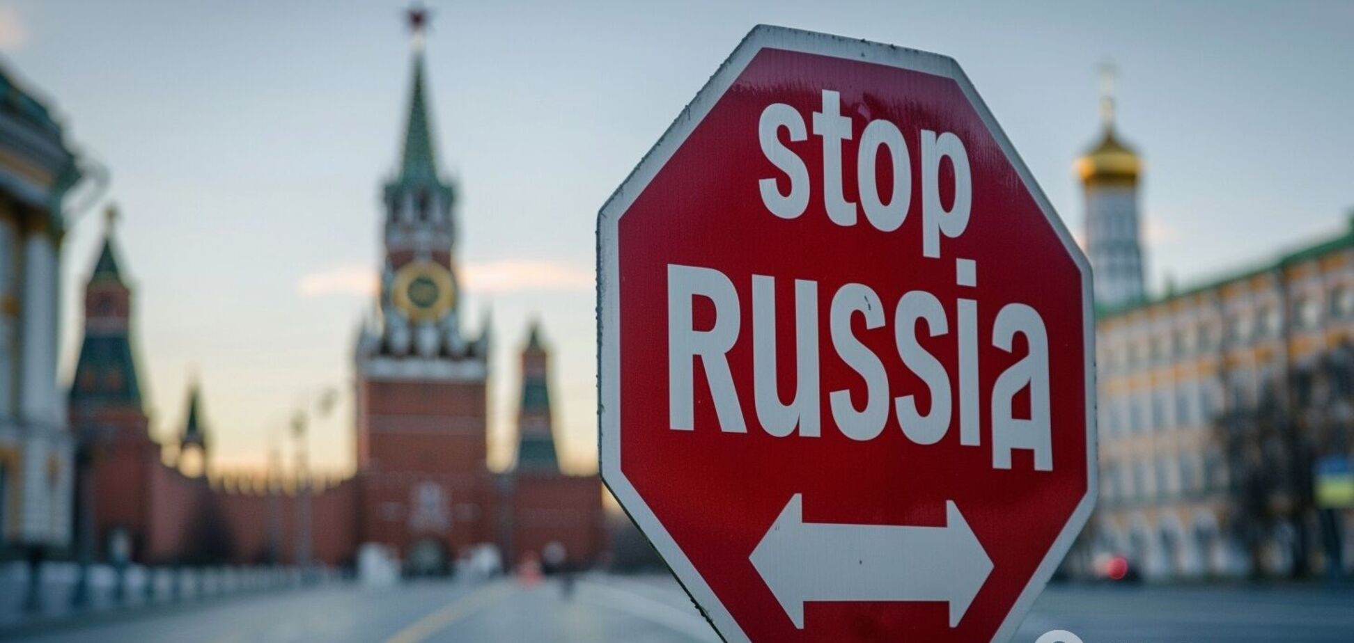 Иллюстративное фото, созданное ИИ, дорожный знак с надписью Stop Russia