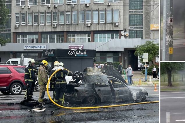 У Києві біля метро 'Лівобережна' під час руху спалахнув та вигорів легковик. Подробиці, фото та відео