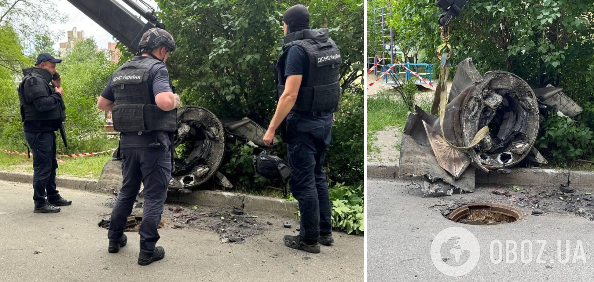 В Киеве на Оболони во двор многоэтажки упал обломок российской ракеты. Фото