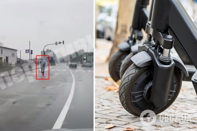 У Києві на Троєщині чоловік під час дощу ганяв на електросамокаті зустрічною смугою. Відео