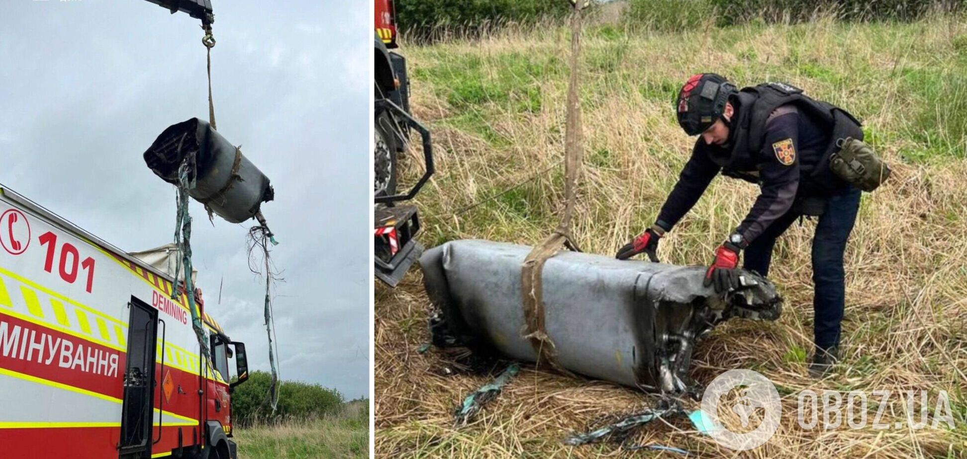 На Київщині у полі знайшли бойову частину крилатої російської ракети Х-101. Фото