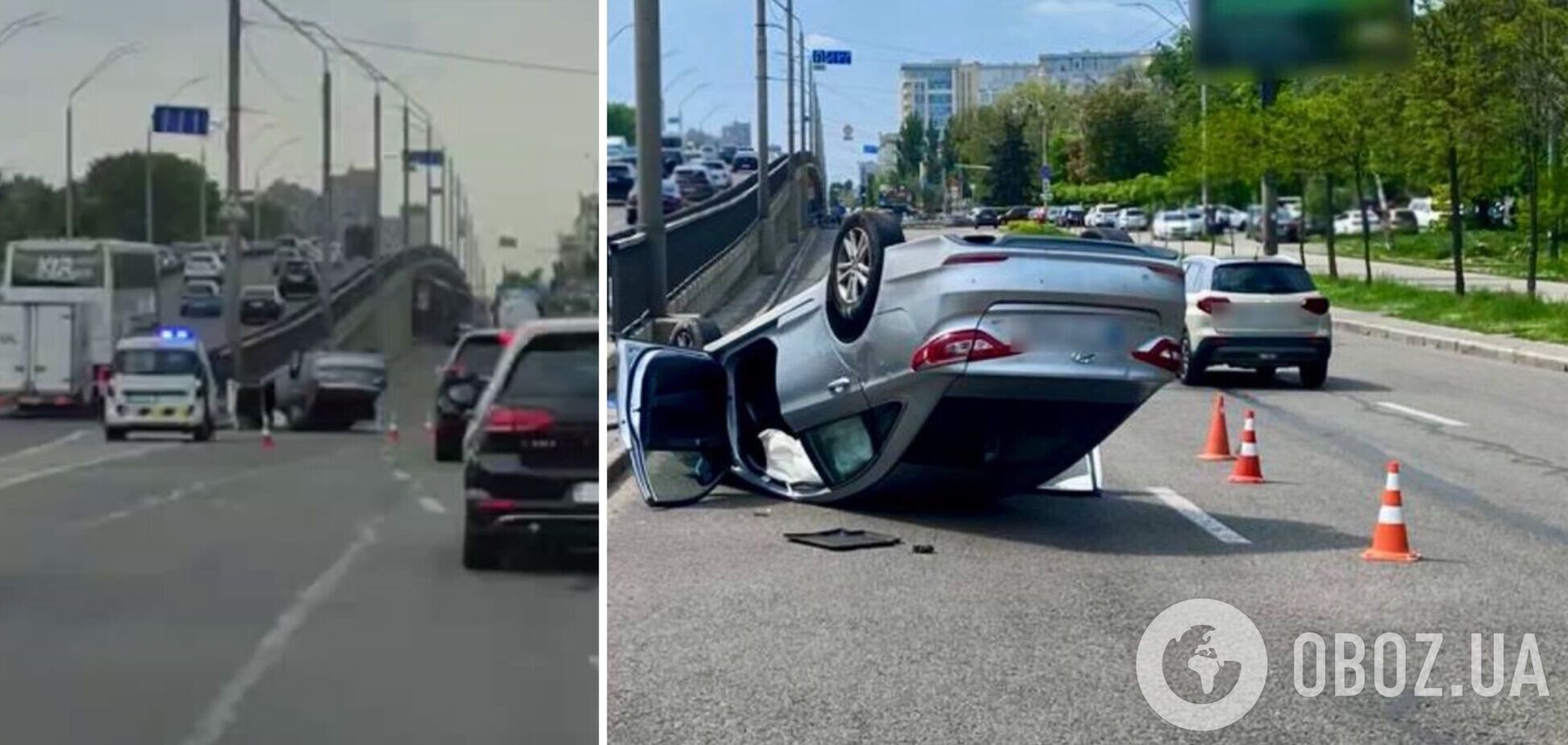 В Киеве на Нивках у моста перевернулась легковушка. Подробности, фото и видео