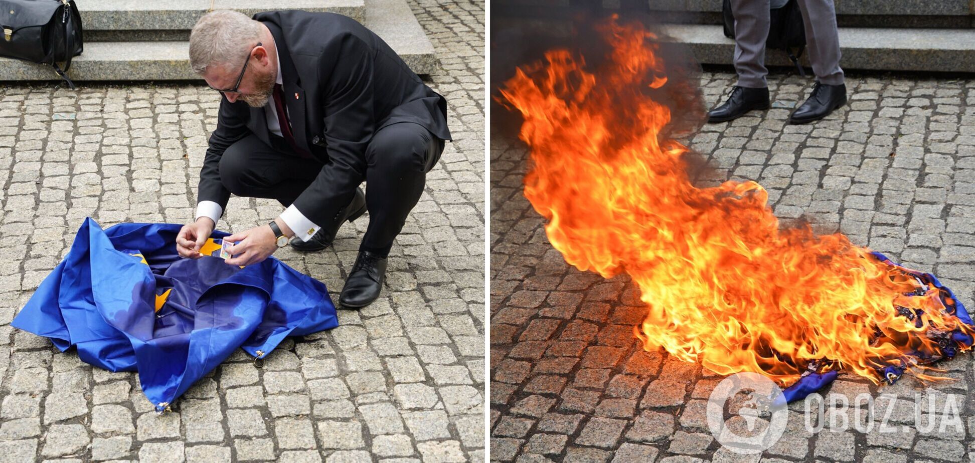 Польский кандидат в президенты вытер ноги о флаг Евросоюза и поджег его: как он это объяснил. Видео