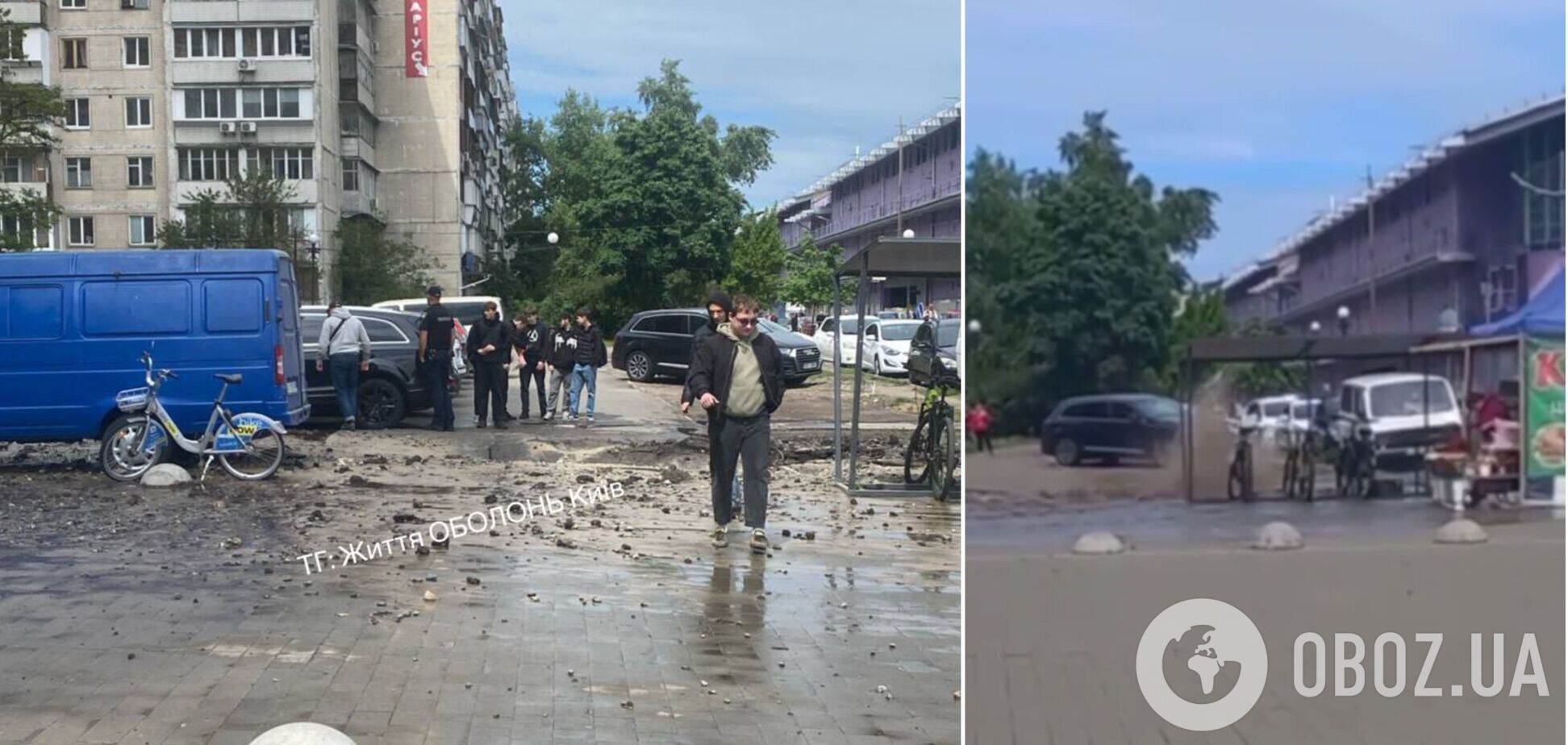 В Киеве на Оболони среди припаркованных авто из-под земли забил гейзер. Фото и видео