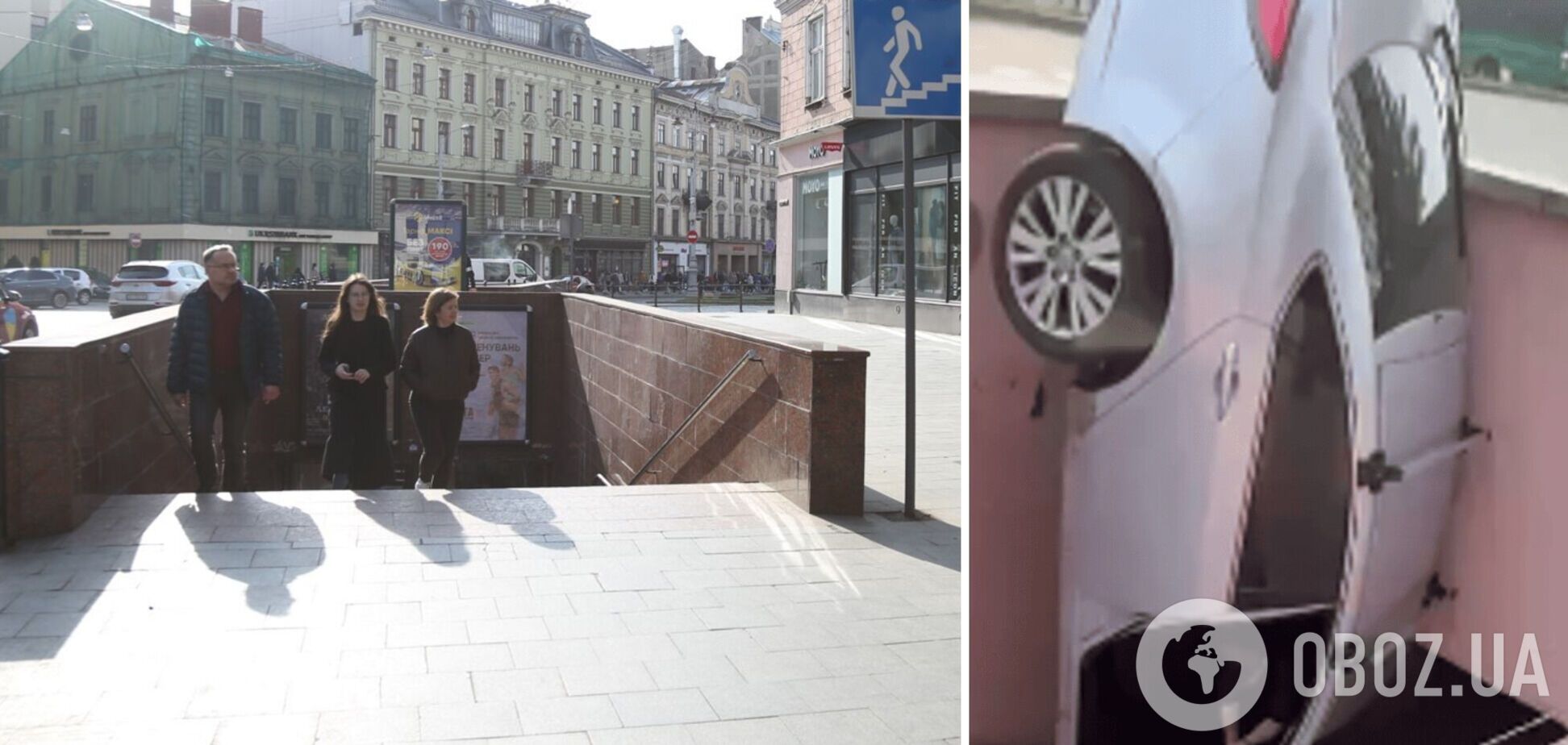 В Киеве автомобиль слетел с дороги в подземный переход и стал вертикально. Фото и видео