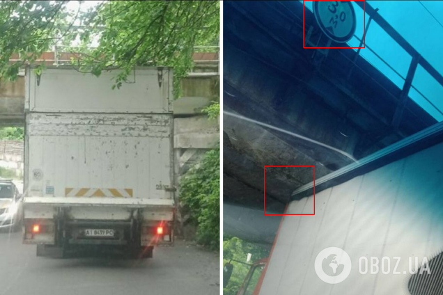 Водитель не рассчитал габаритов: в Киеве грузовик застрял под мостом. Фото