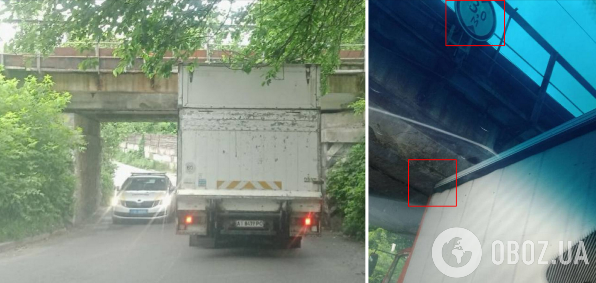Водитель не рассчитал габаритов: в Киеве грузовик застрял под мостом. Фото