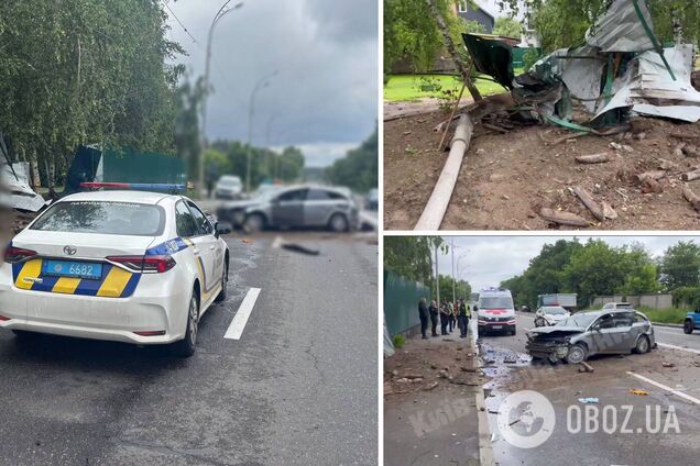 В Киеве легковушка вылетела на встречную полосу, где протаранила забор и сбила столб: есть пострадавший. Фото и видео