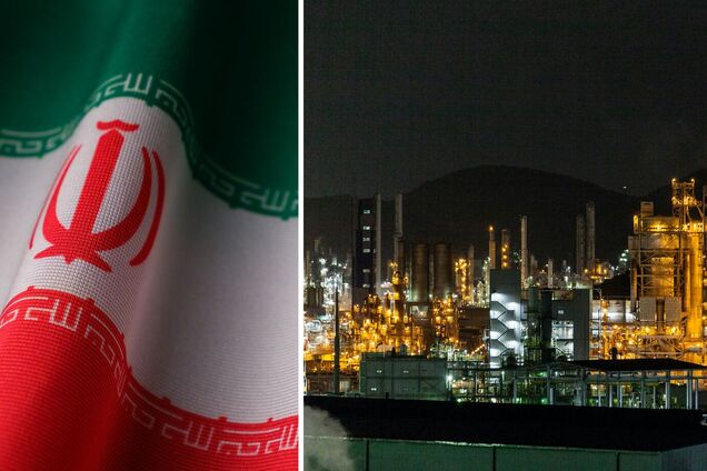 Иллюстрация - коллаж из флага Ирана на нефтеналивном танкере в порту