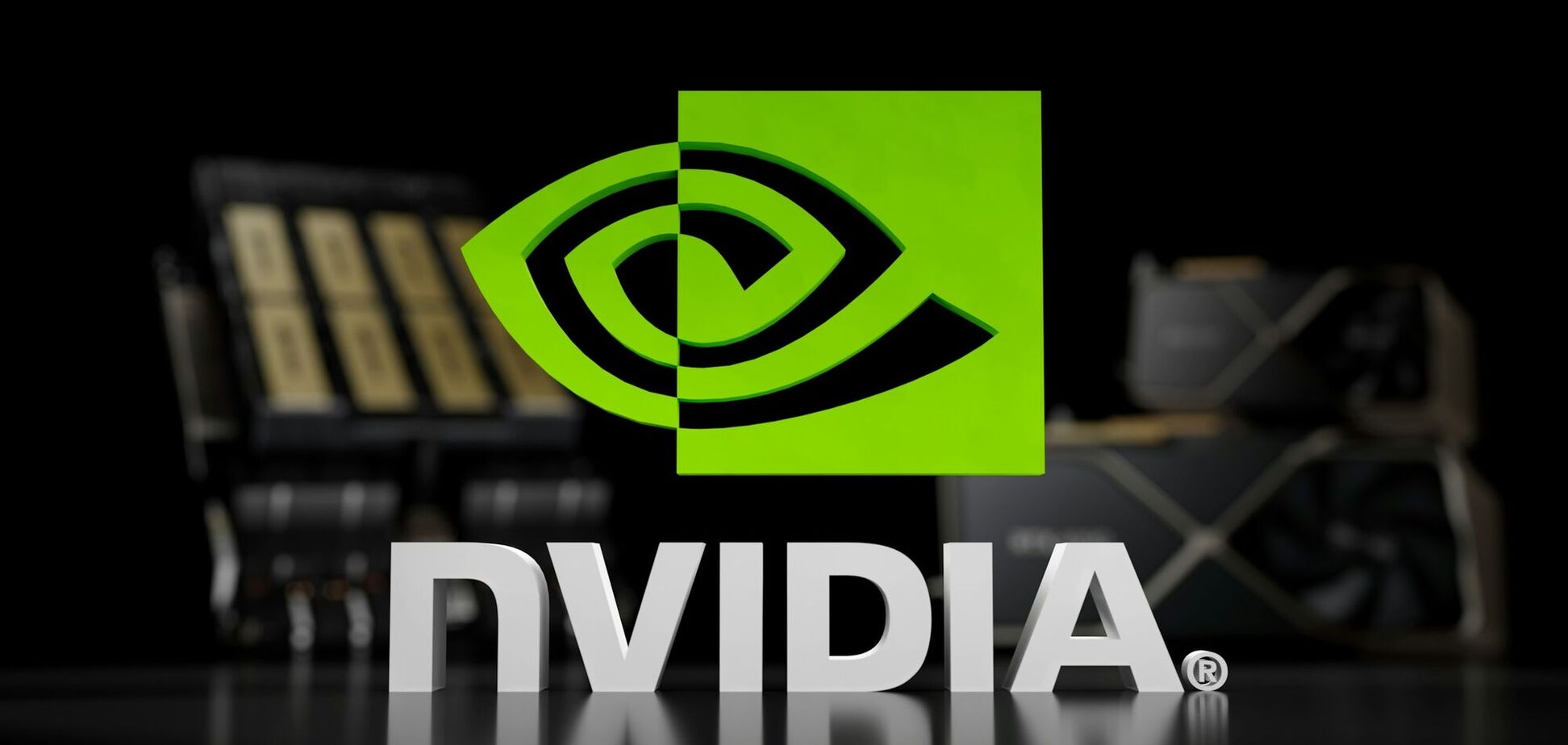Иллюстрация - эмблема Nvidia на фоне компьютерной техники
