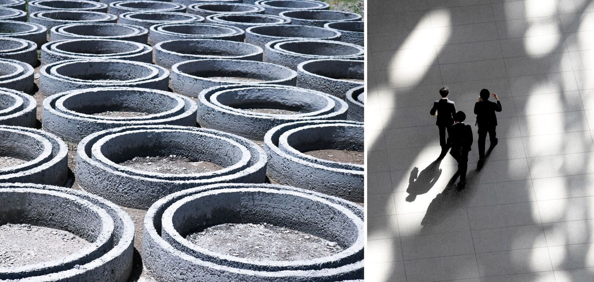 Бетон и силуэты людей с тенями как символ теневого производства