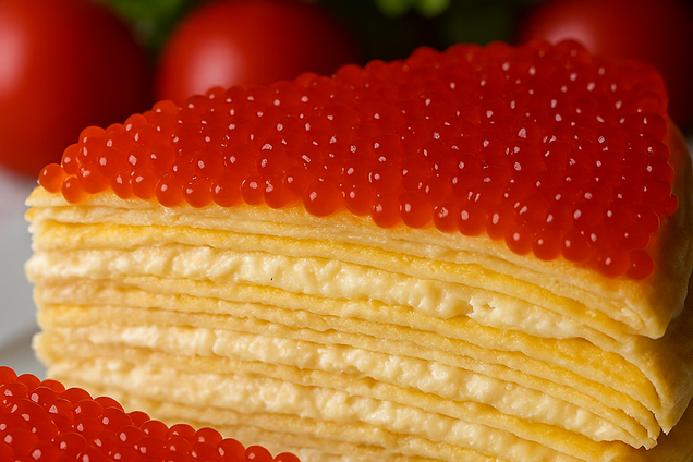 Закусочный блинный торт с плавленым сыром: сверху очень вкусно добавить икру