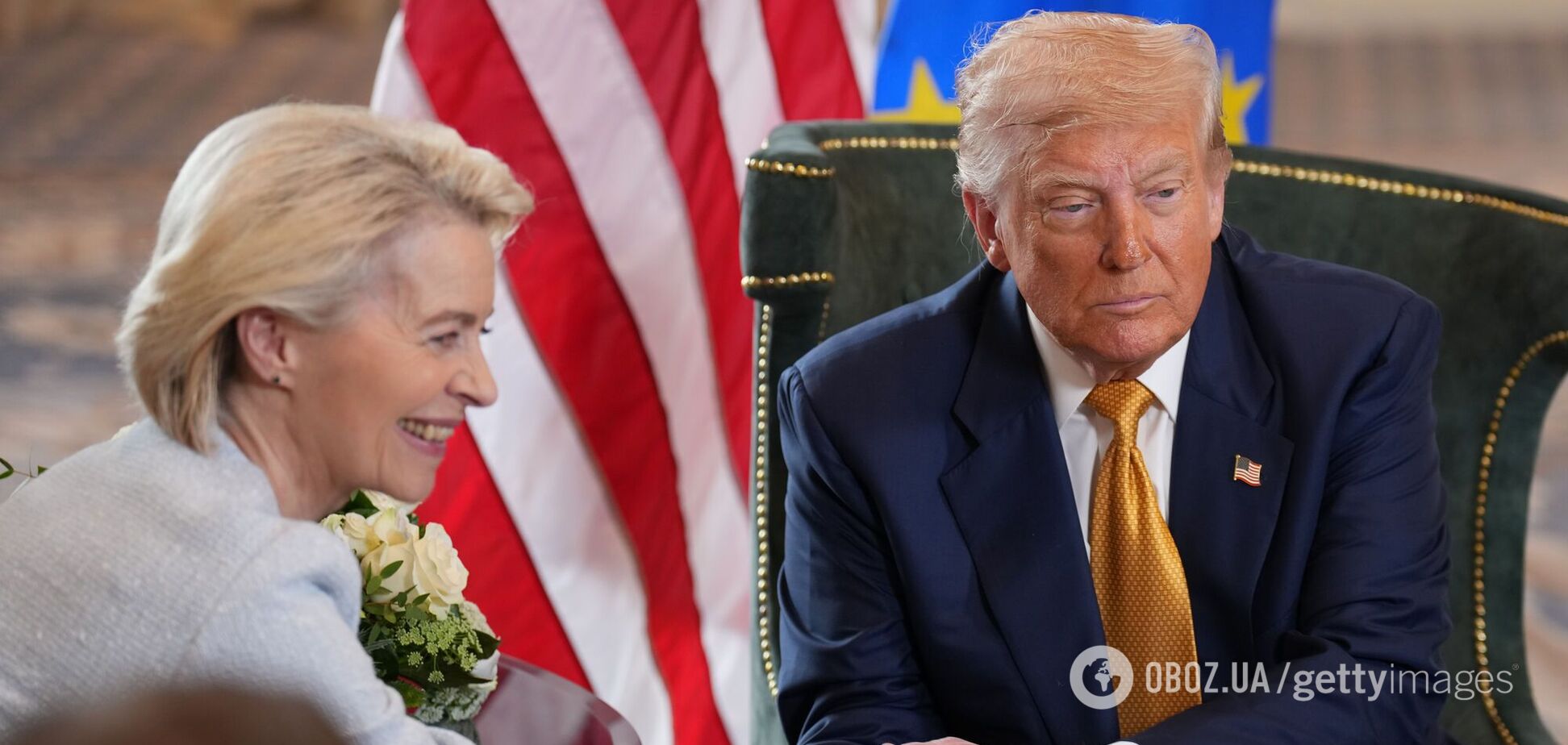 Дональд Трамп і Урсула фон дер Ляєн потискають руки під час зустрічі 27 липня 2025 року. Ілюстрація