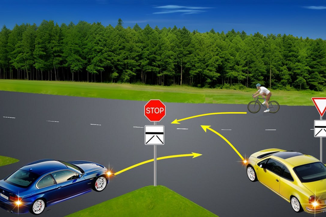 В каком порядке разъедутся на перекрестке автомобили и велосипедист? Задание по ПДД