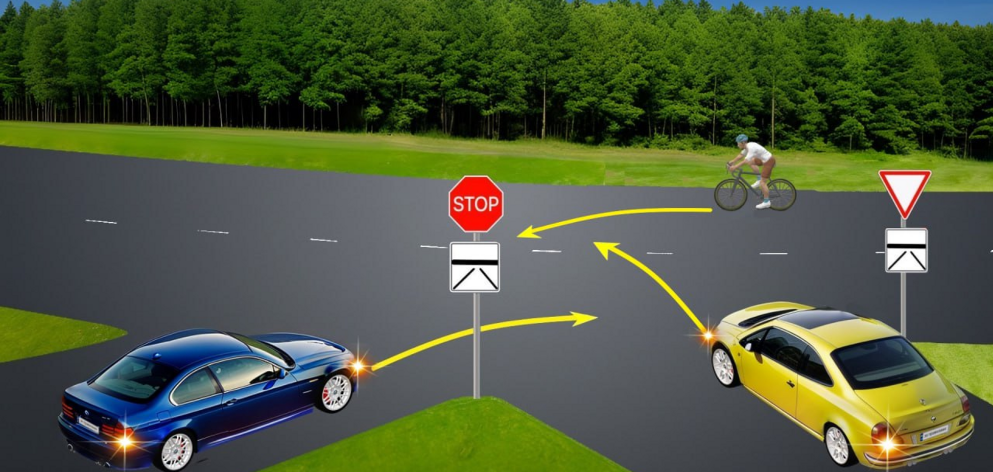 В каком порядке разъедутся на перекрестке автомобили и велосипедист? Задание по ПДД