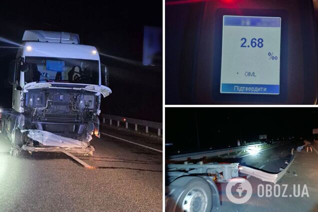 На Київщині п’яний водій вантажівки на швидкості 'зніс' понад 20 метрів металевого відбійника. Фото