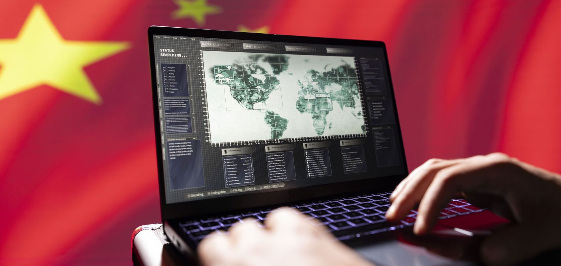 Ноутбук із картою світу на тлі прапора КНР. Ілюстрація