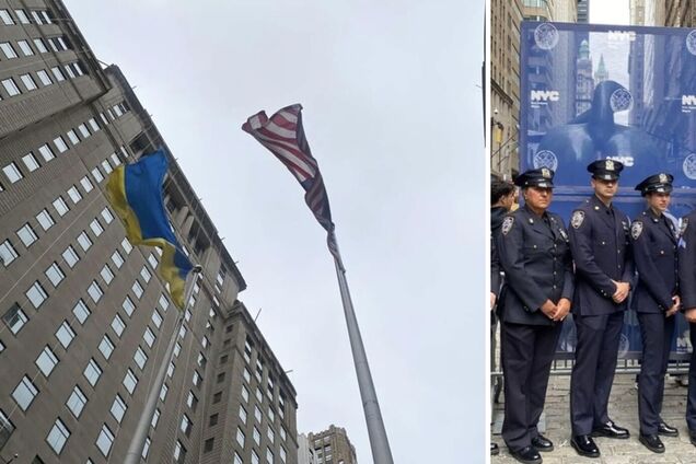 В центре Манхэттена подняли украинский флаг по случаю годовщины независимости. Фото