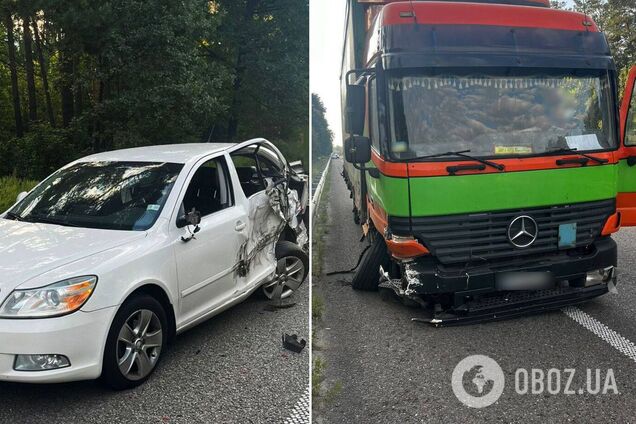 Під Києвом у вантажівки під час руху відірвалось колесо та влетіло в легковик. Фото
