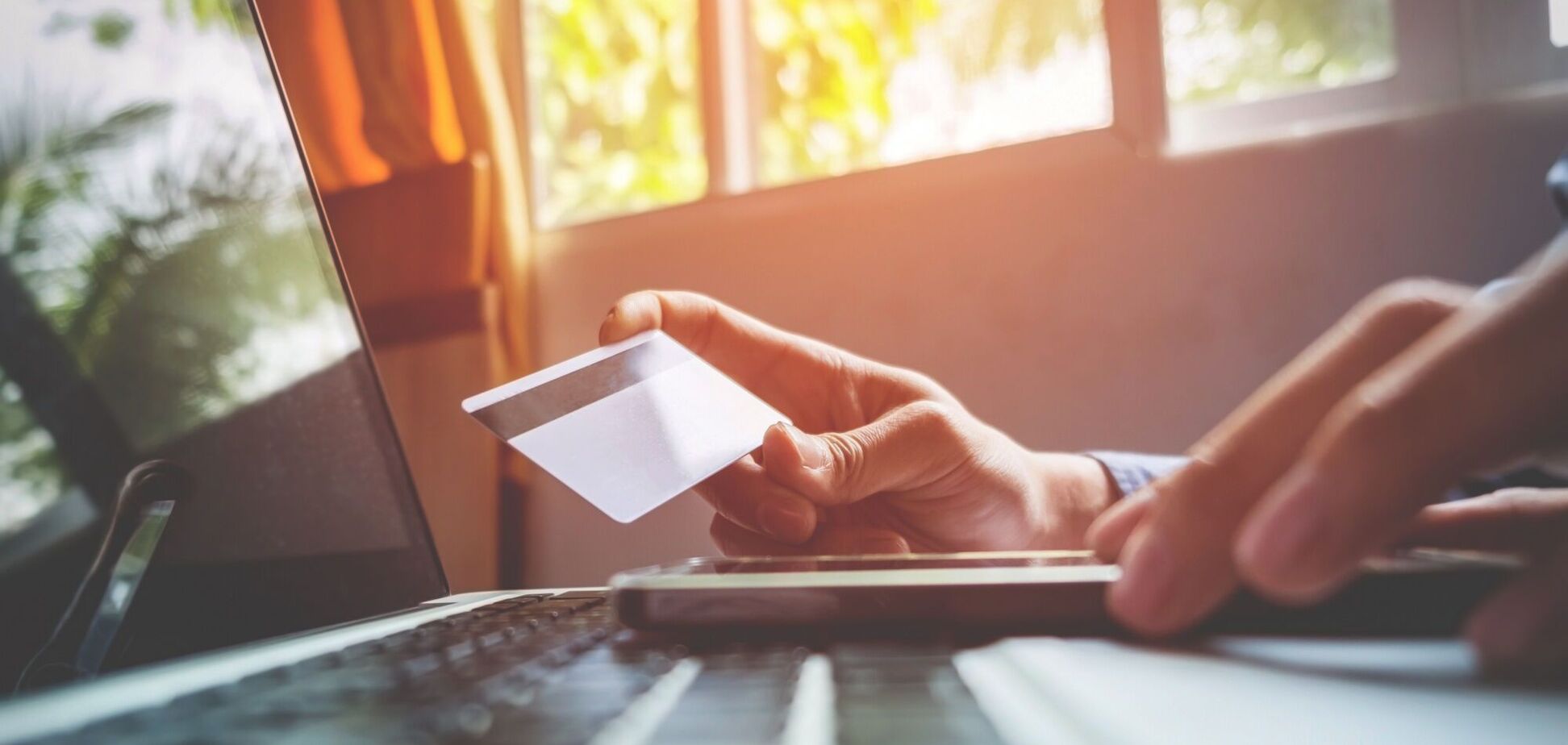 Иллюстрация - мужчина держит банковскую карточку перед ноутбуком