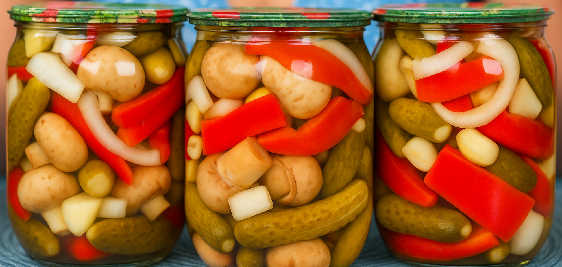 Все в одной банке: как закрыть вкусный салат с грибами, перцем и огурцами на зиму