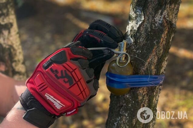 На Киевщине нашли установленную на растяжке противопехотную гранату. Фото