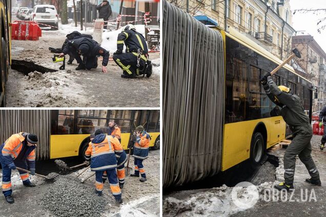 В центре Киева троллейбус провалился в яму, движение транспорта перекрыто. Все подробности и фото
